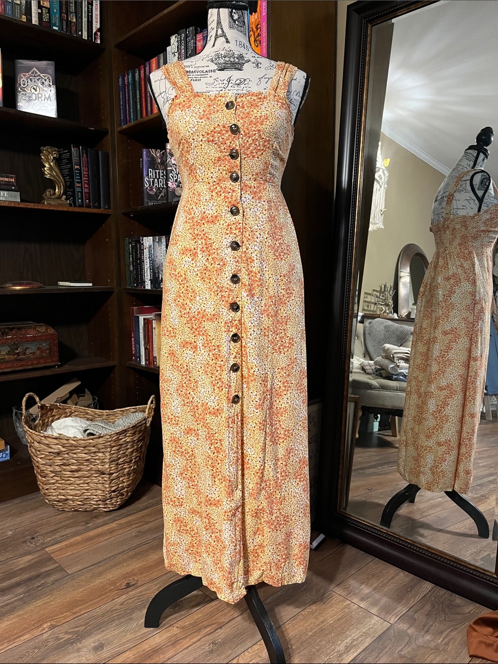Sleeveless Orange Floral Button-Front Maxi Dress